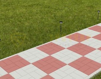 Дорожка на даче мощенная тротуарной плиткой 8 кирпичей серого и красного цвета в шахматном порядке
